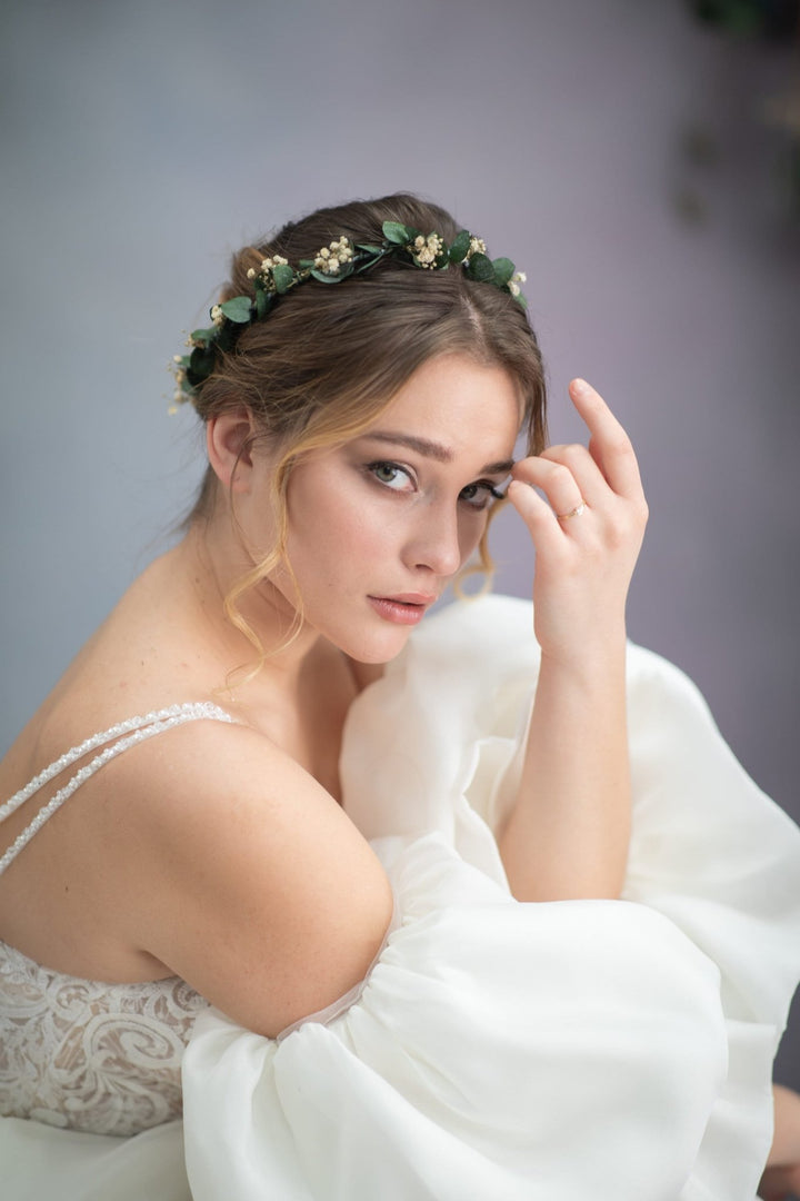 Eucalyptus Bridal Hair Wreath: Greenery Wedding Flower Crown – handmade floral hair accessory by magaela