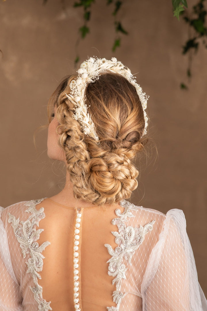 Baby's Breath Bridal Half Crown: Dried Flower Hair Wreath – handmade floral hair accessory by magaela
