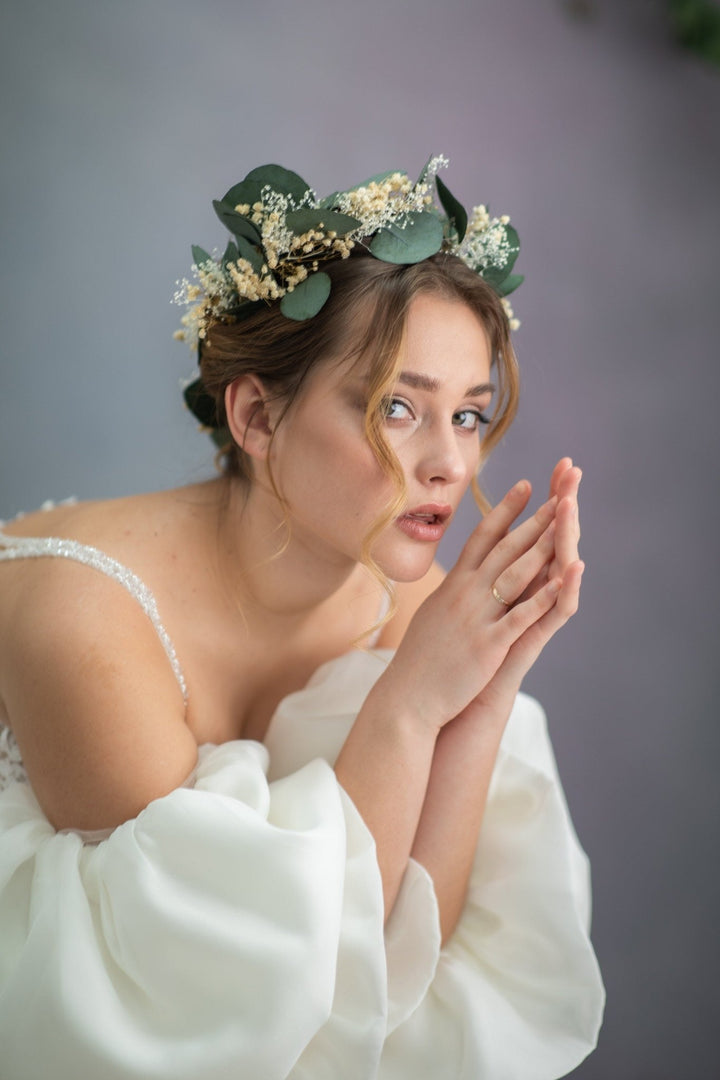 Eucalyptus Bridal Headband: Greenery & Baby's Breath Wedding Crown – handmade floral hair accessory by magaela