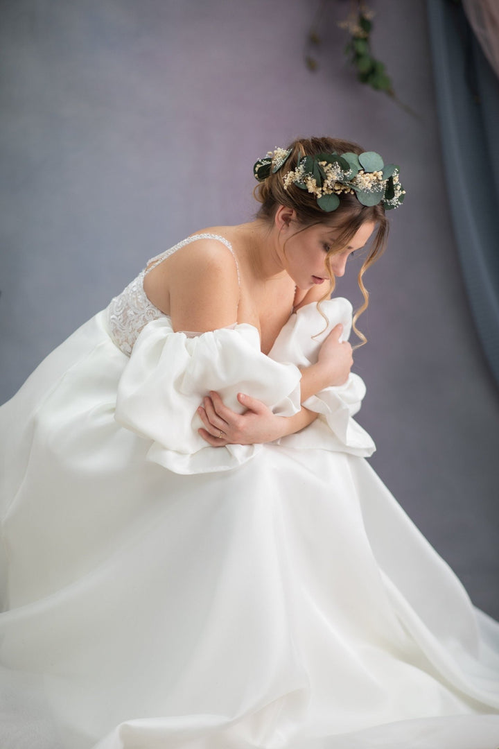 Eucalyptus Bridal Headband: Greenery & Baby's Breath Wedding Crown – handmade floral hair accessory by magaela
