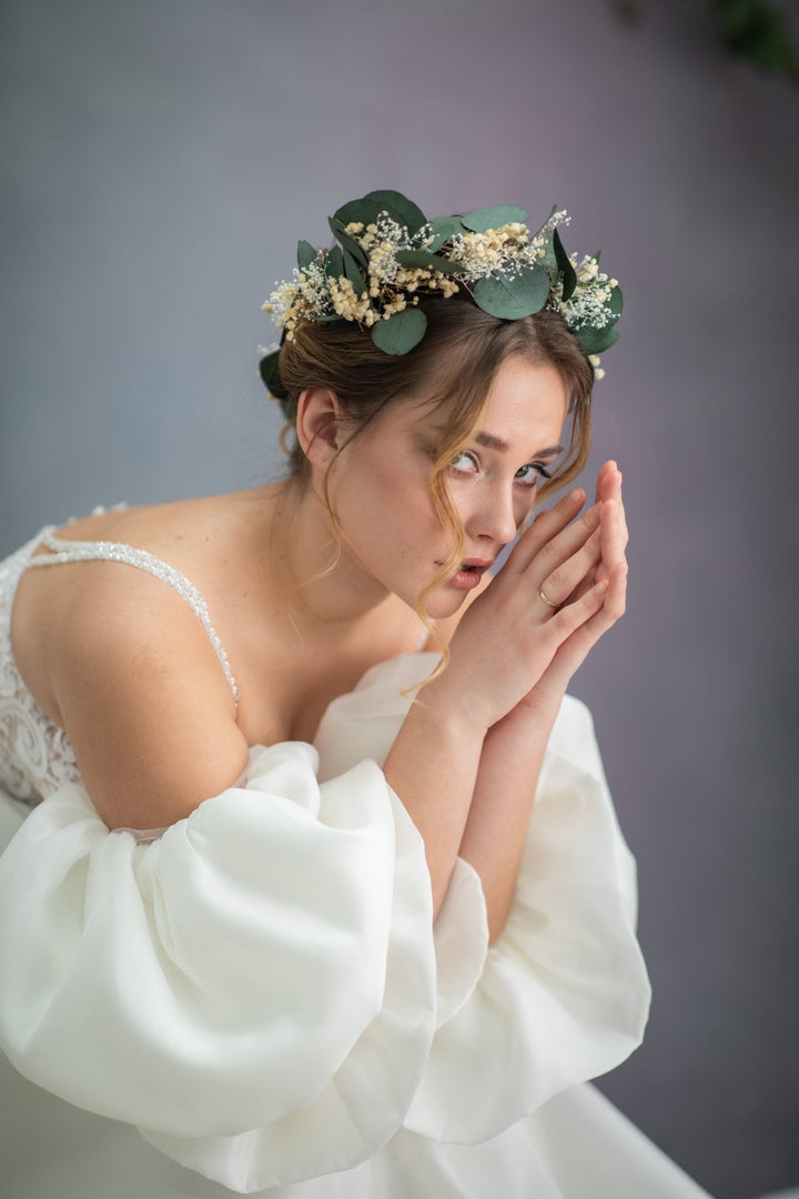 Eucalyptus Bridal Headband: Greenery & Baby's Breath Wedding Crown – handmade floral hair accessory by magaela