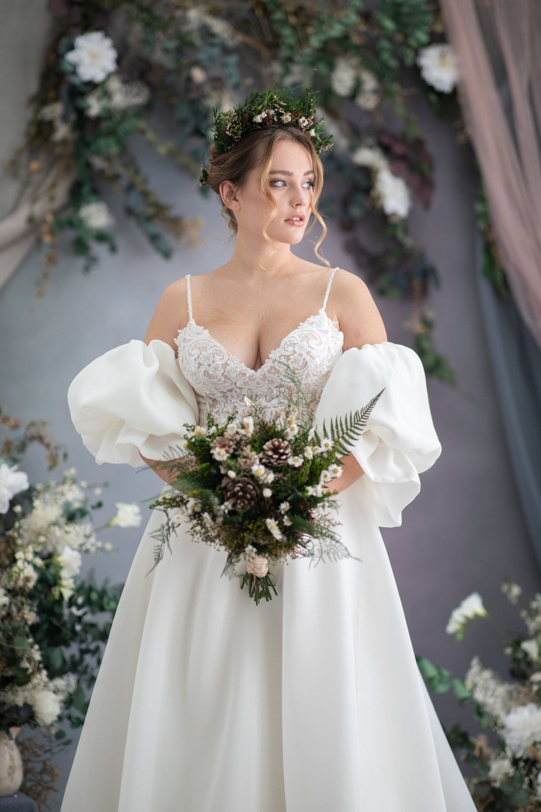 Woodland Bridal Bouquet: Preserved Ferns & Pine Cones – handmade floral hair accessory by magaela
