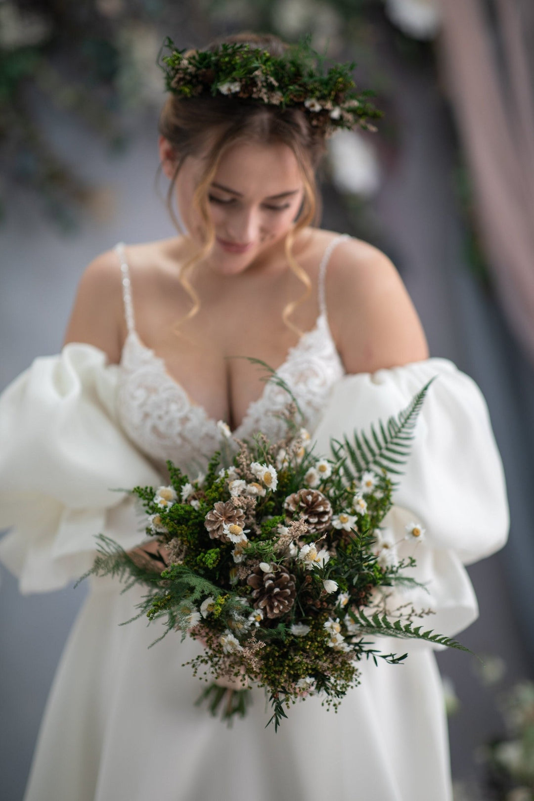 Woodland Bridal Bouquet: Preserved Ferns & Pine Cones – handmade floral hair accessory by magaela