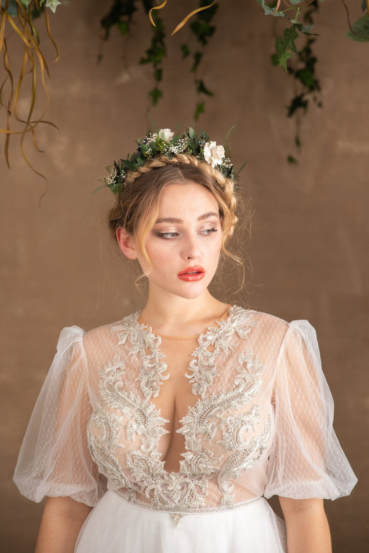 Bridal Flower Crown: Eucalyptus & White Flowers, Boho Wedding Headpiece – handmade floral hair accessory by magaela