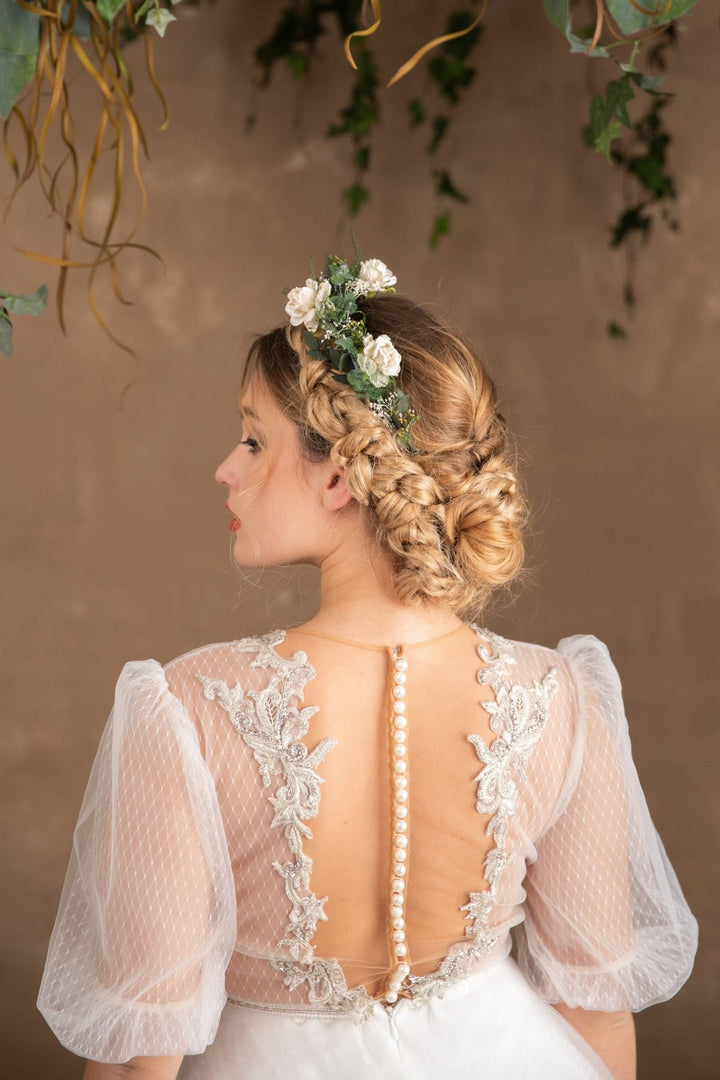 Bridal Flower Crown: Eucalyptus & White Flowers, Boho Wedding Headpiece – handmade floral hair accessory by magaela