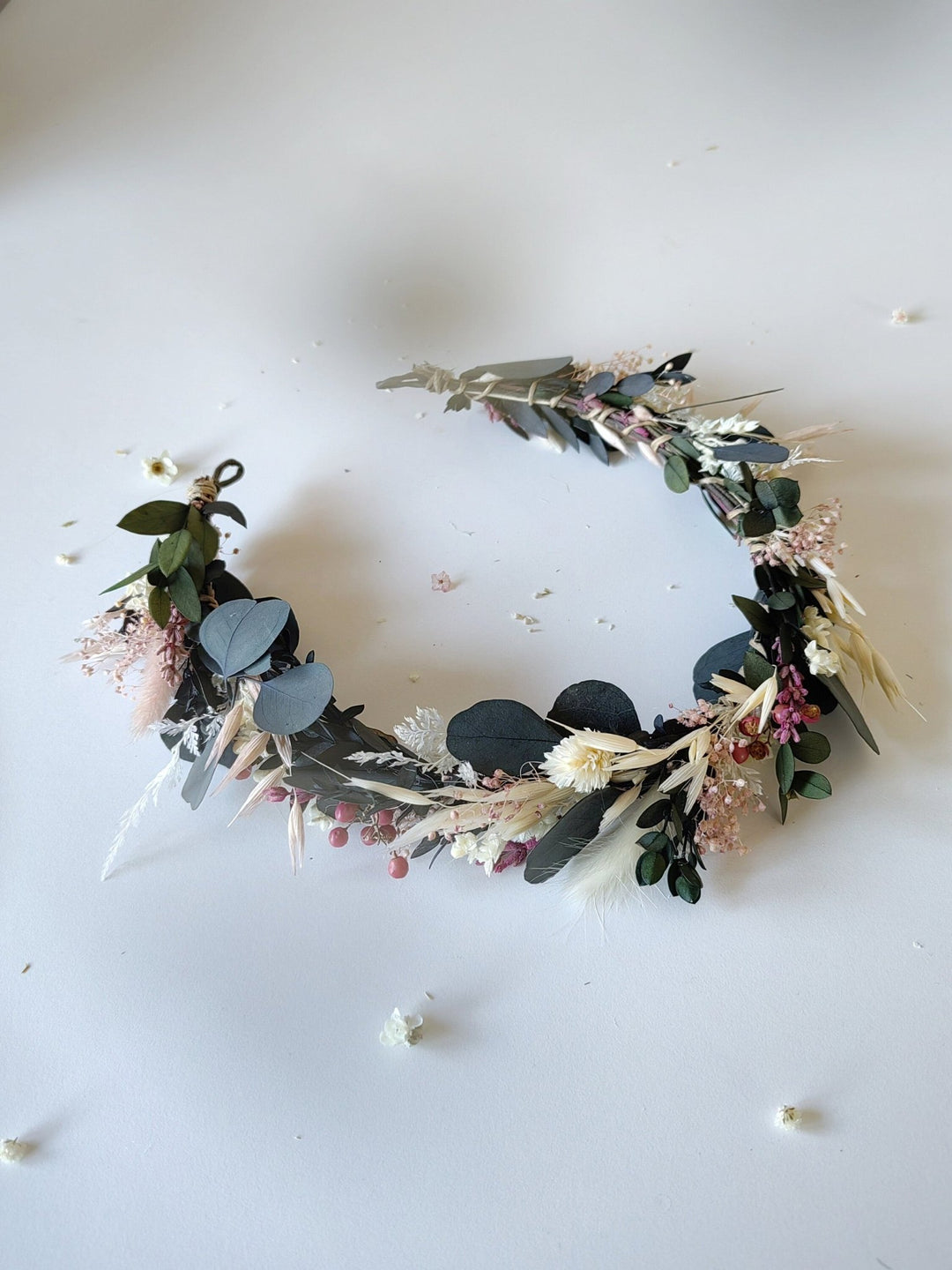 Eucalyptus Bridal Crown: Preserved Flower Half Wreath, Boho Wedding – handmade floral hair accessory by magaela