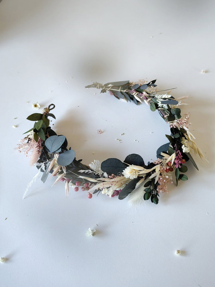 Eucalyptus Bridal Crown: Preserved Flower Half Wreath, Boho Wedding – handmade floral hair accessory by magaela