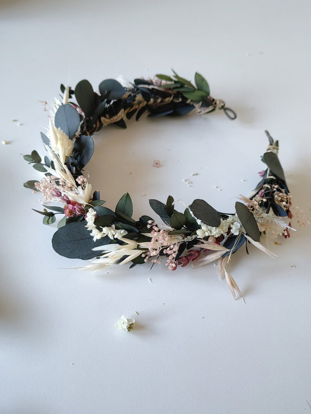 Eucalyptus Bridal Crown: Preserved Flower Half Wreath, Boho Wedding – handmade floral hair accessory by magaela