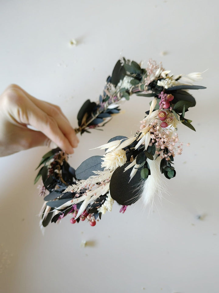 Eucalyptus Bridal Crown: Preserved Flower Half Wreath, Boho Wedding – handmade floral hair accessory by magaela