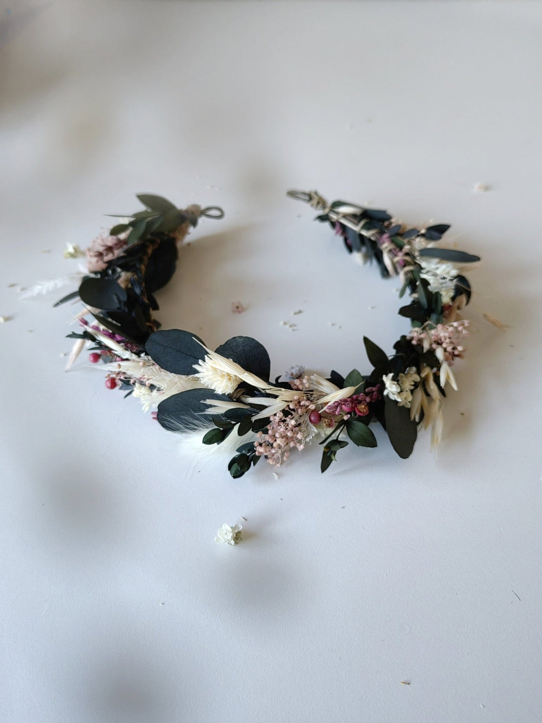 Eucalyptus Bridal Crown: Preserved Flower Half Wreath, Boho Wedding – handmade floral hair accessory by magaela