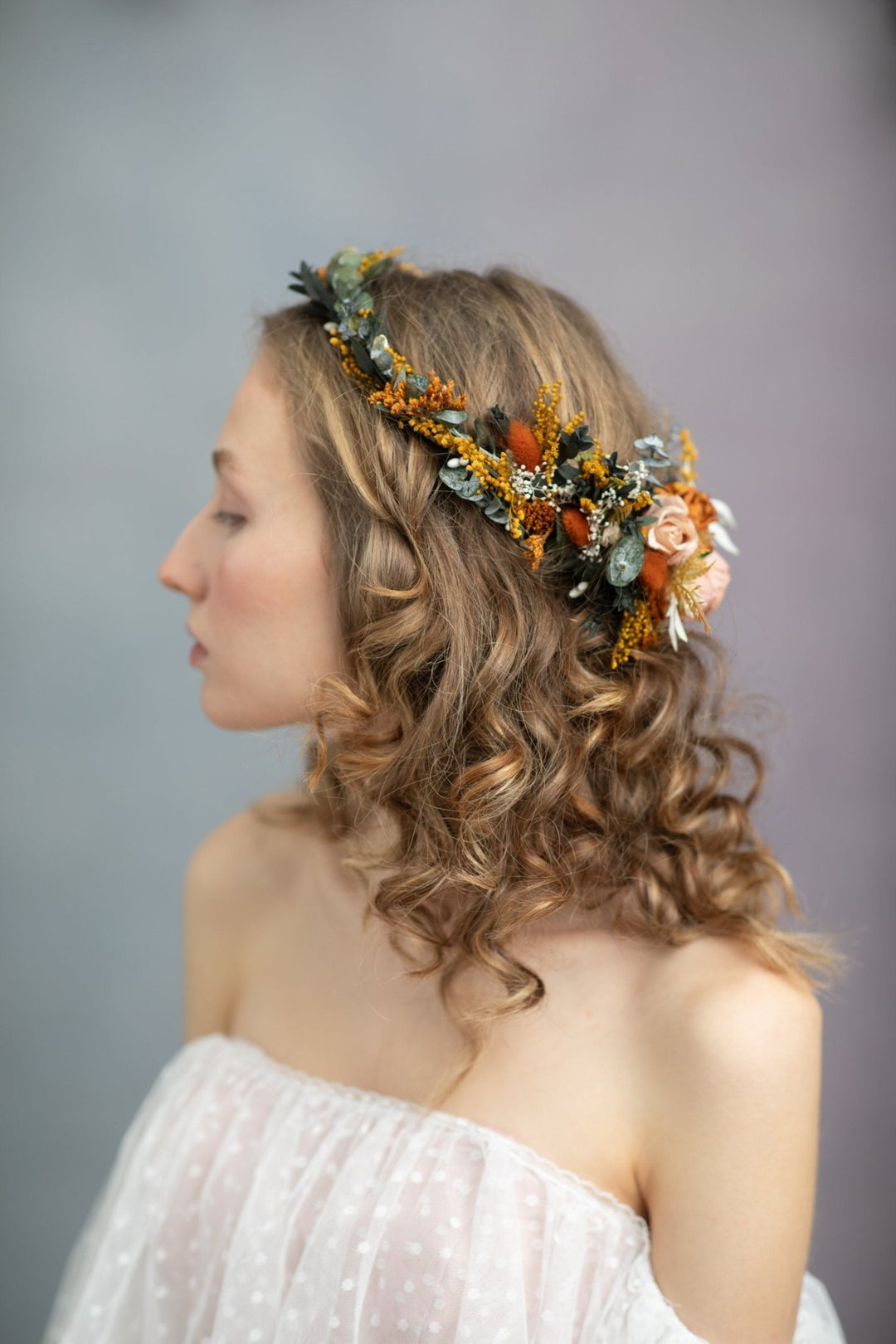 Boho Terracotta Wedding Flower Crown with Hair Comb – handmade floral hair accessory by magaela