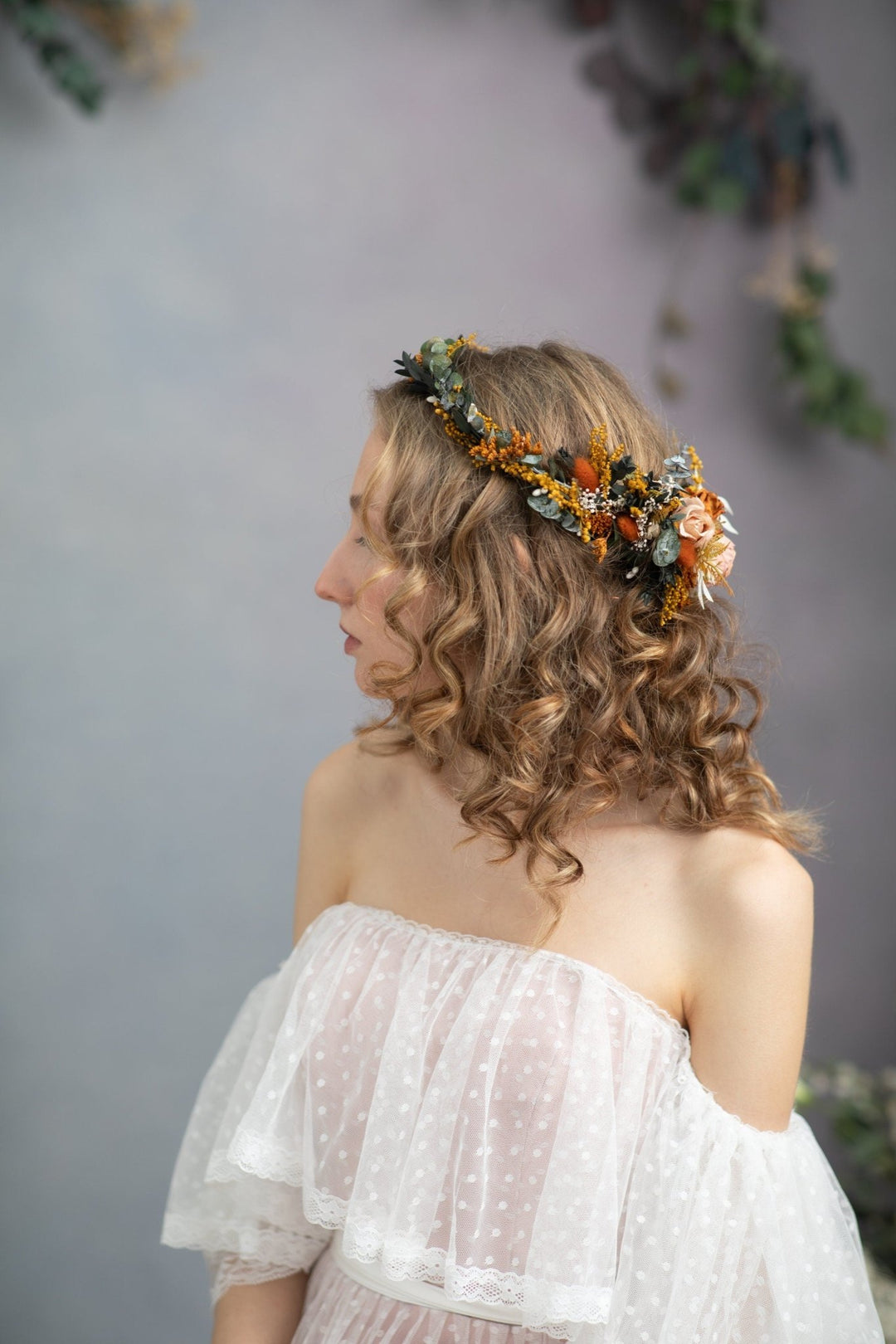 Boho Terracotta Wedding Flower Crown with Hair Comb – handmade floral hair accessory by magaela