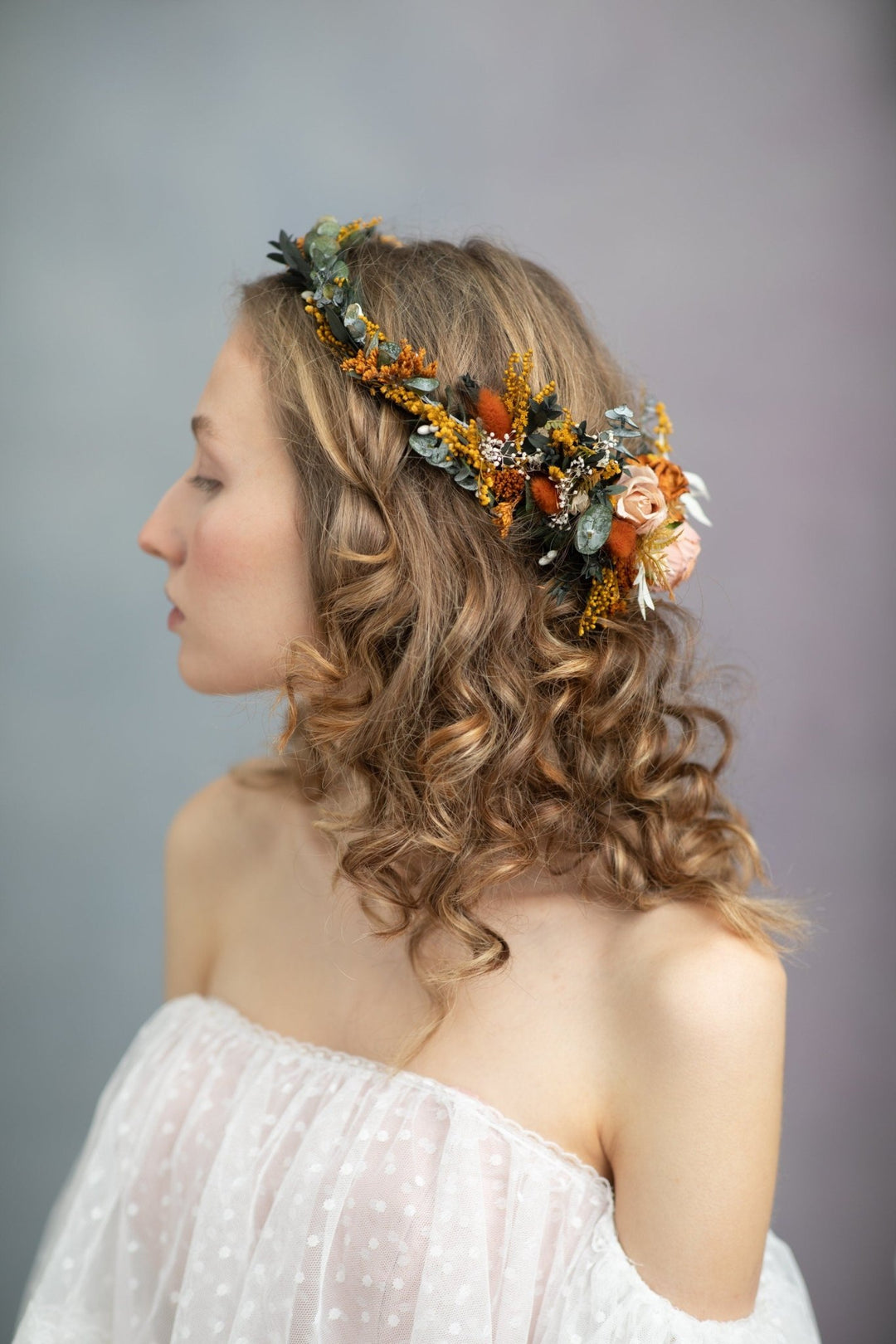 Boho Terracotta Wedding Flower Crown with Hair Comb – handmade floral hair accessory by magaela