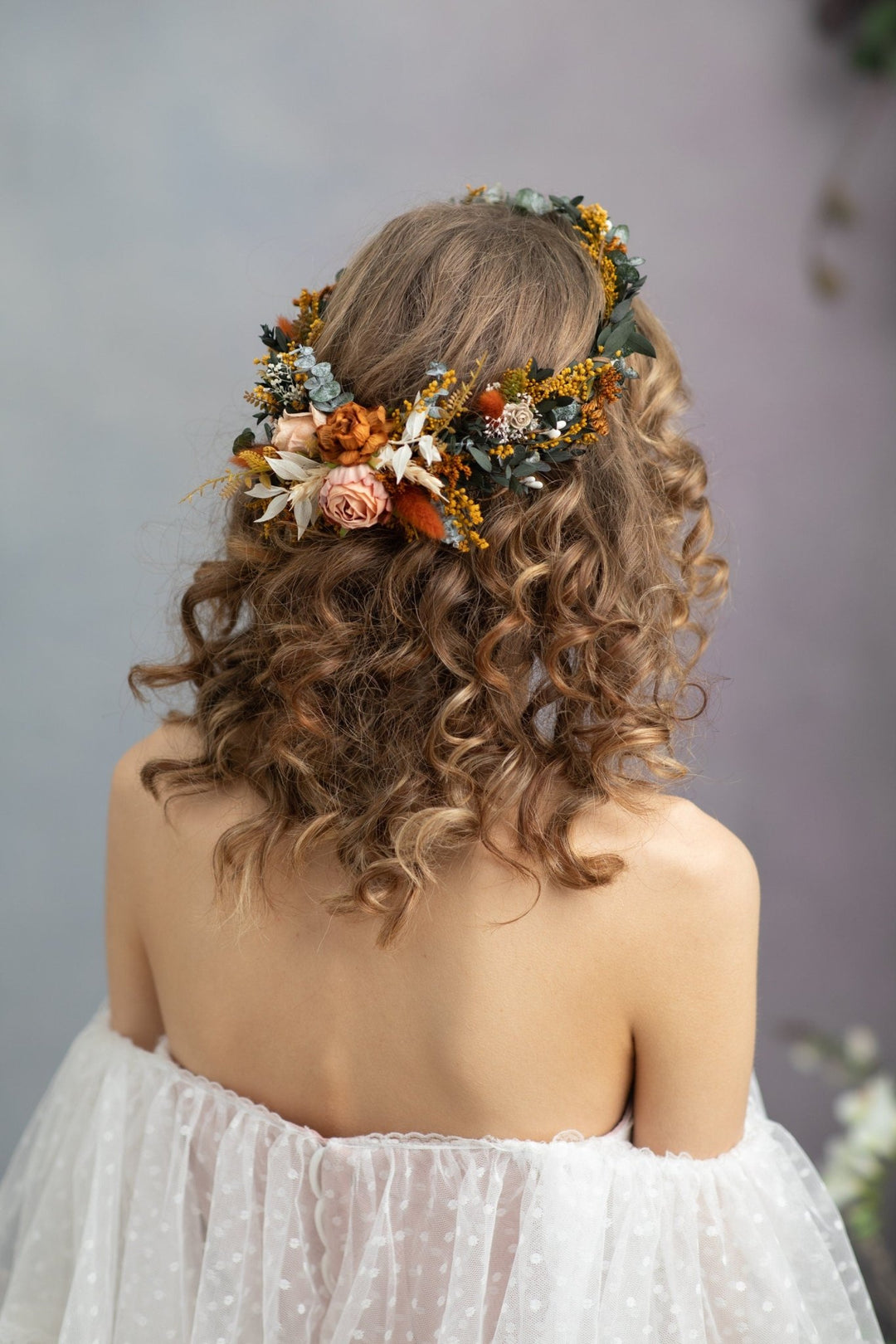 Boho Terracotta Wedding Flower Crown with Hair Comb – handmade floral hair accessory by magaela