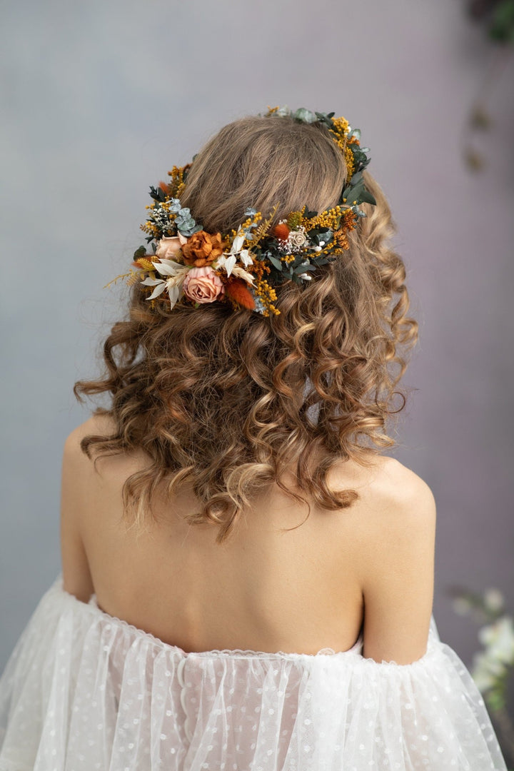 Boho Terracotta Wedding Flower Crown with Hair Comb – handmade floral hair accessory by magaela