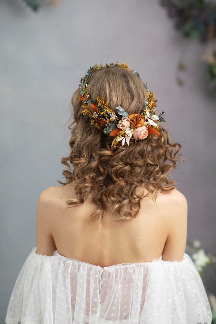 Boho Terracotta Wedding Flower Crown with Hair Comb – handmade floral hair accessory by magaela