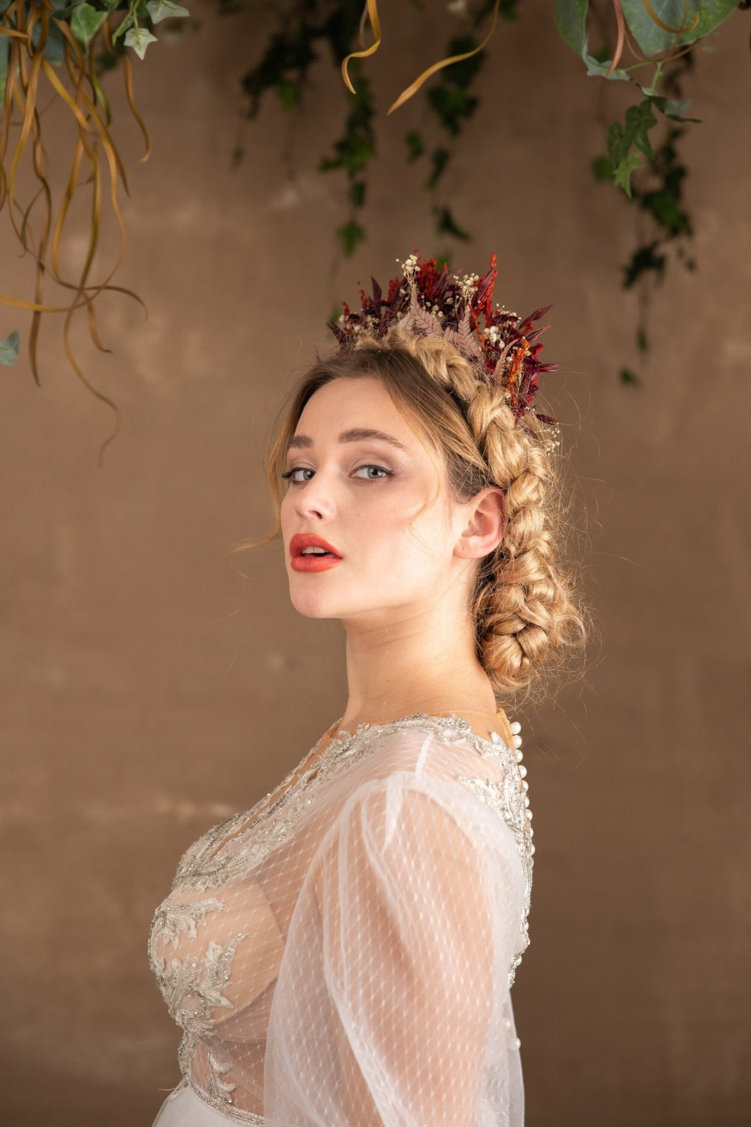 Burgundy Preserved Flower Crown: Boho Bridal Headpiece – handmade floral hair accessory by magaela