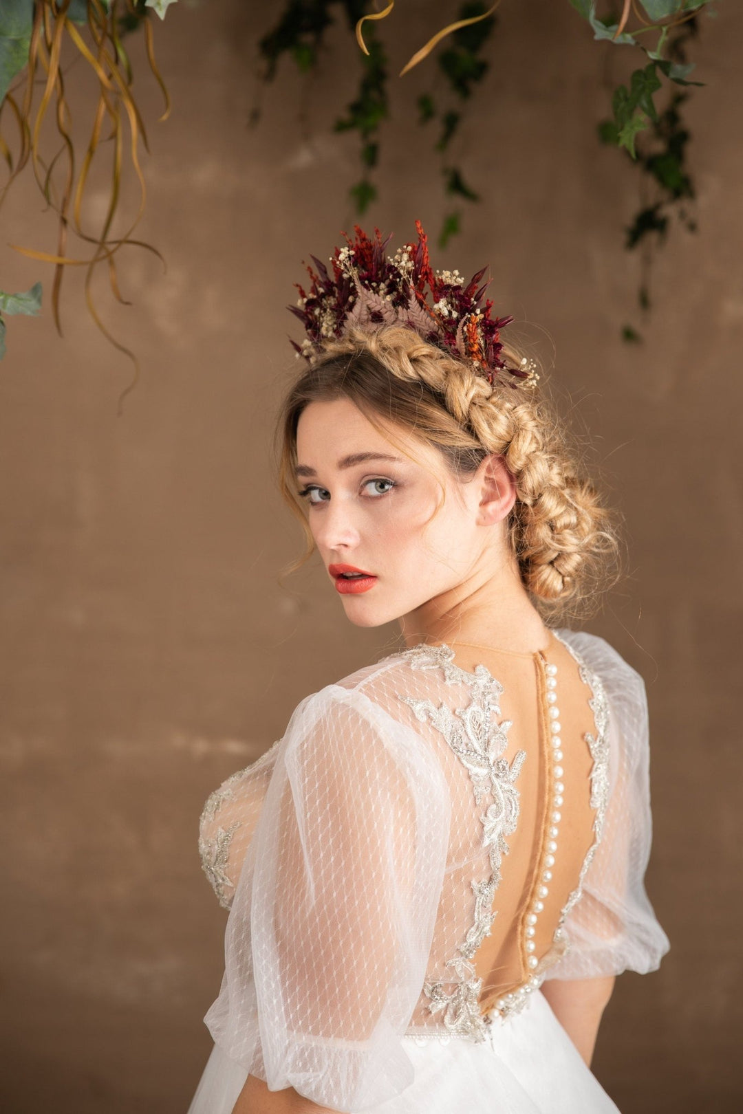 Burgundy Preserved Flower Crown: Boho Bridal Headpiece – handmade floral hair accessory by magaela