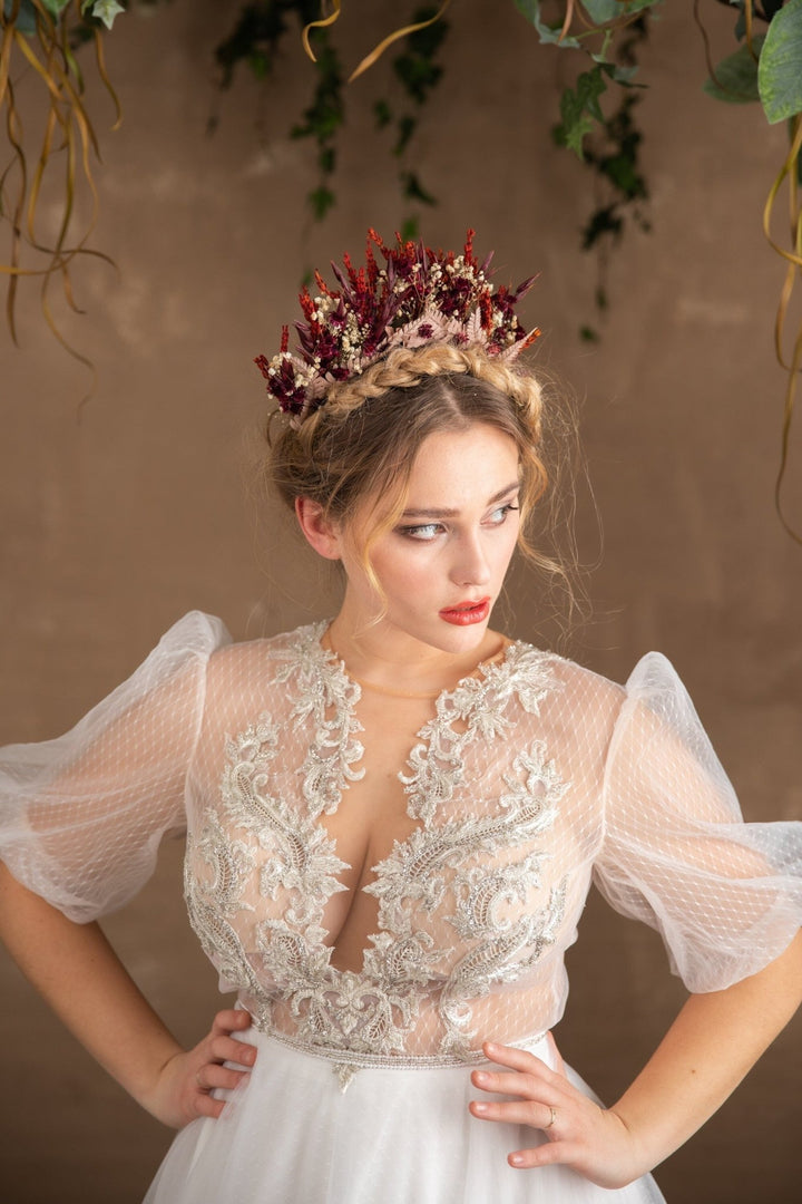 Burgundy Preserved Flower Crown: Boho Bridal Headpiece – handmade floral hair accessory by magaela