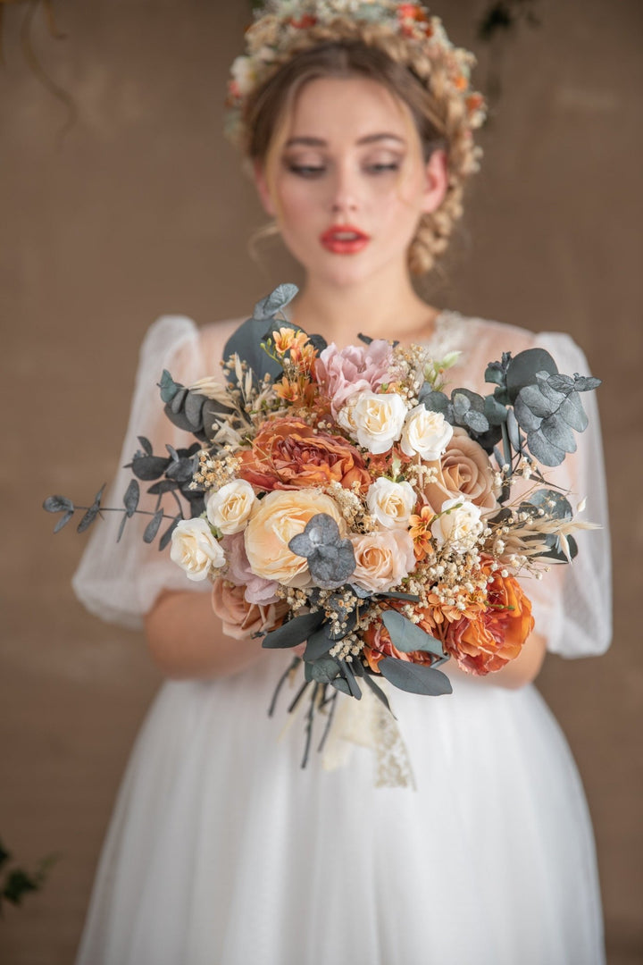 Rustic Orange Bridal Bouquet: Boho Summer Wedding Flowers – handmade floral hair accessory by magaela