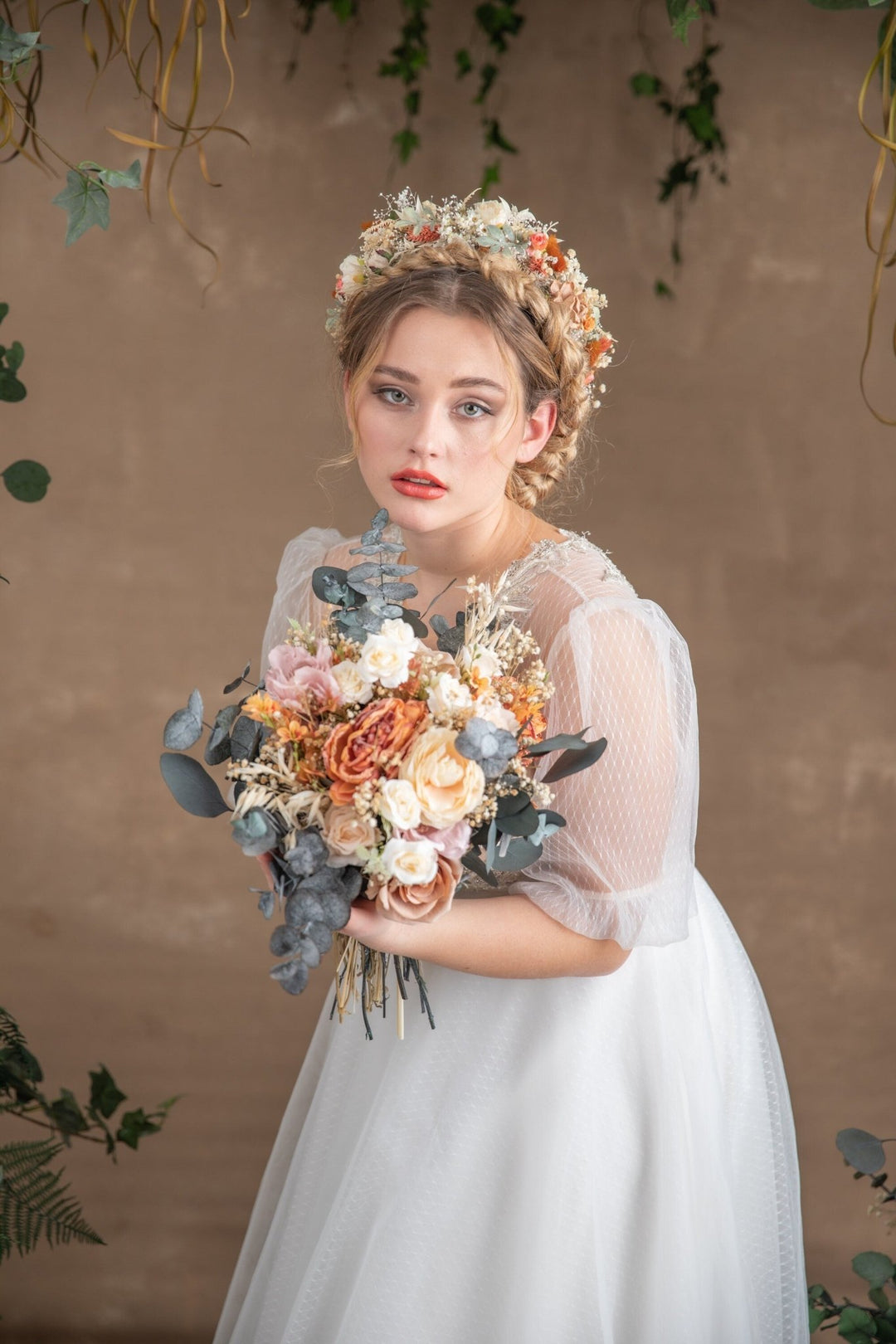 Rustic Orange Bridal Bouquet: Boho Summer Wedding Flowers – handmade floral hair accessory by magaela