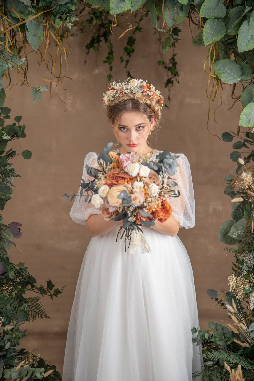 Rustic Orange Bridal Bouquet: Boho Summer Wedding Flowers – handmade floral hair accessory by magaela