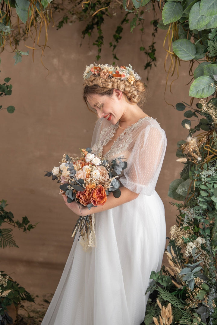 Rustic Orange Bridal Bouquet: Boho Summer Wedding Flowers – handmade floral hair accessory by magaela
