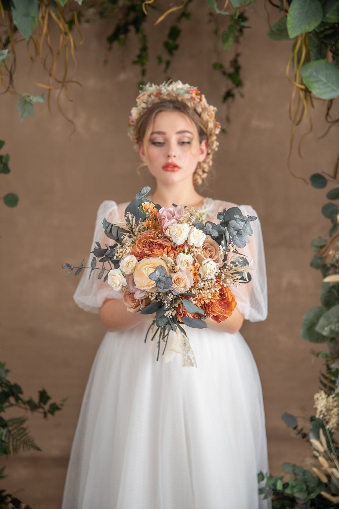 Rustic Orange Bridal Bouquet: Boho Summer Wedding Flowers – handmade floral hair accessory by magaela