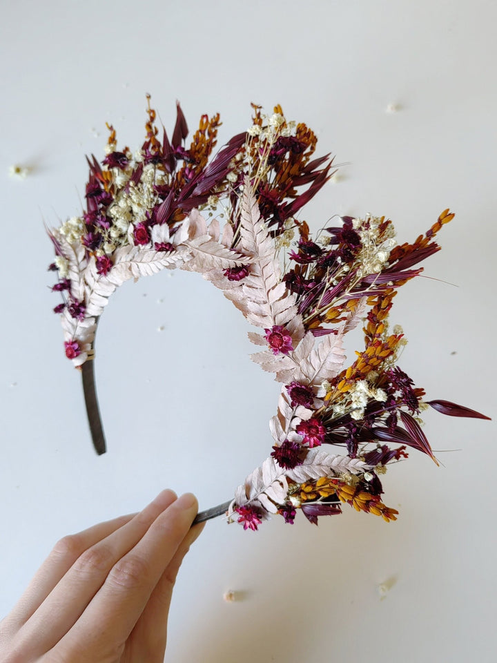 Burgundy Preserved Flower Crown: Boho Bridal Headpiece – handmade floral hair accessory by magaela