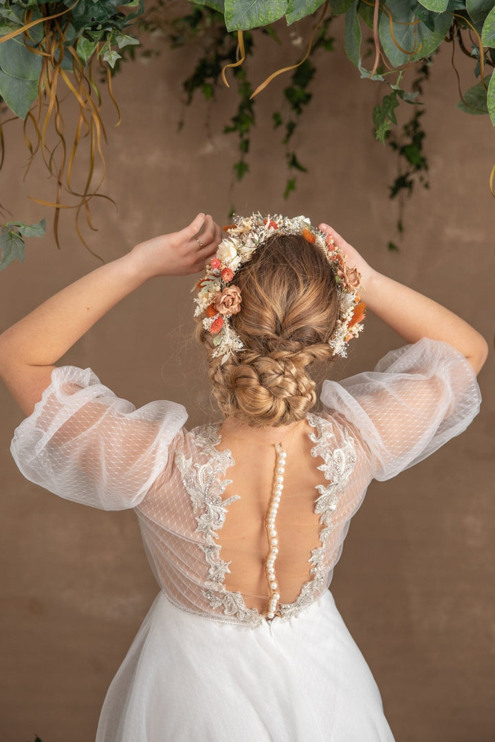 Boho Flower Half Wreath: Vintage Cottagecore Bridal Crown – handmade floral hair accessory by magaela