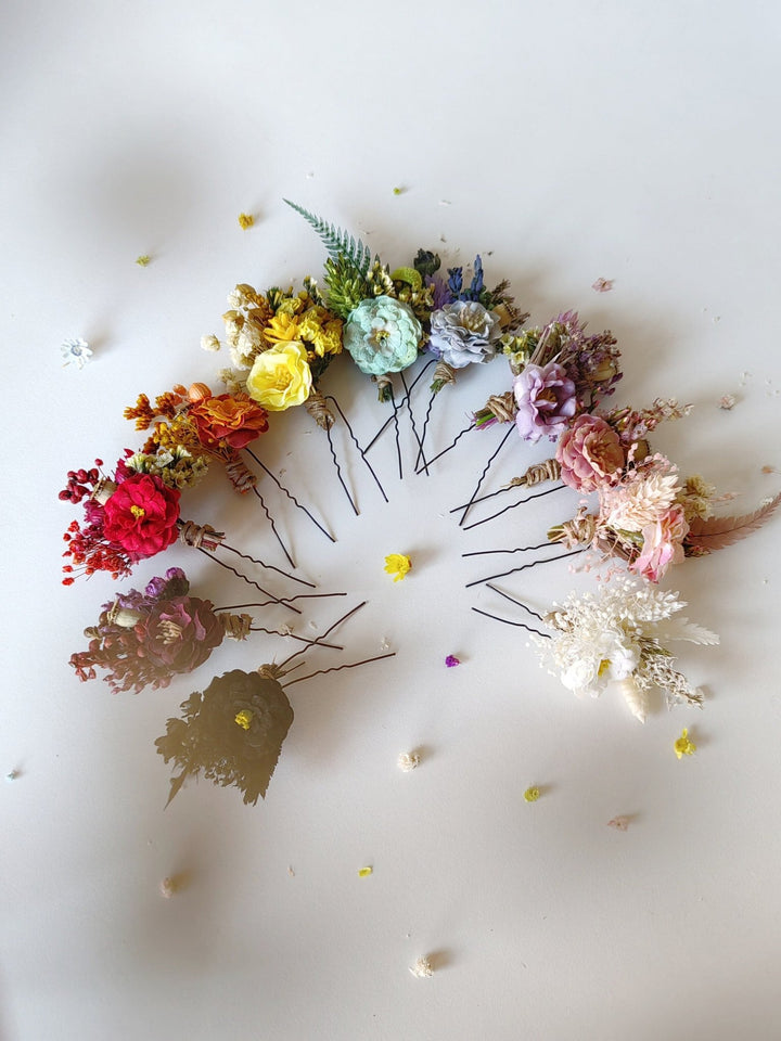 Rainbow Meadow Flower Hairpins: Boho Wedding Hair Accessories – handmade floral hair accessory by magaela