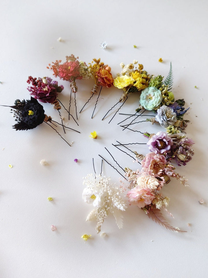 Rainbow Meadow Flower Hairpins: Boho Wedding Hair Accessories – handmade floral hair accessory by magaela