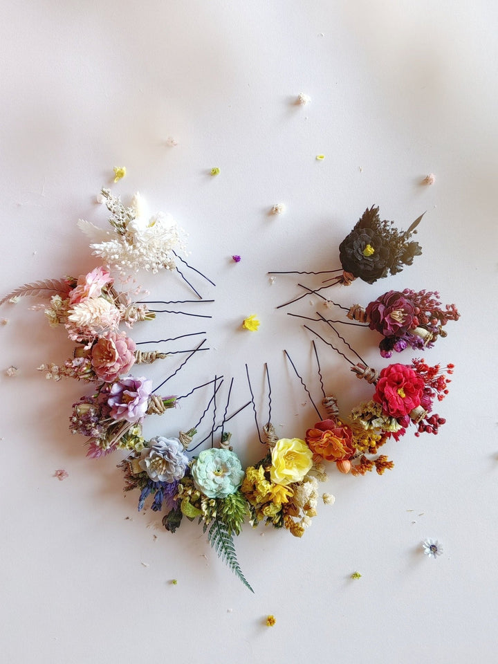 Rainbow Meadow Flower Hairpins: Boho Wedding Hair Accessories – handmade floral hair accessory by magaela