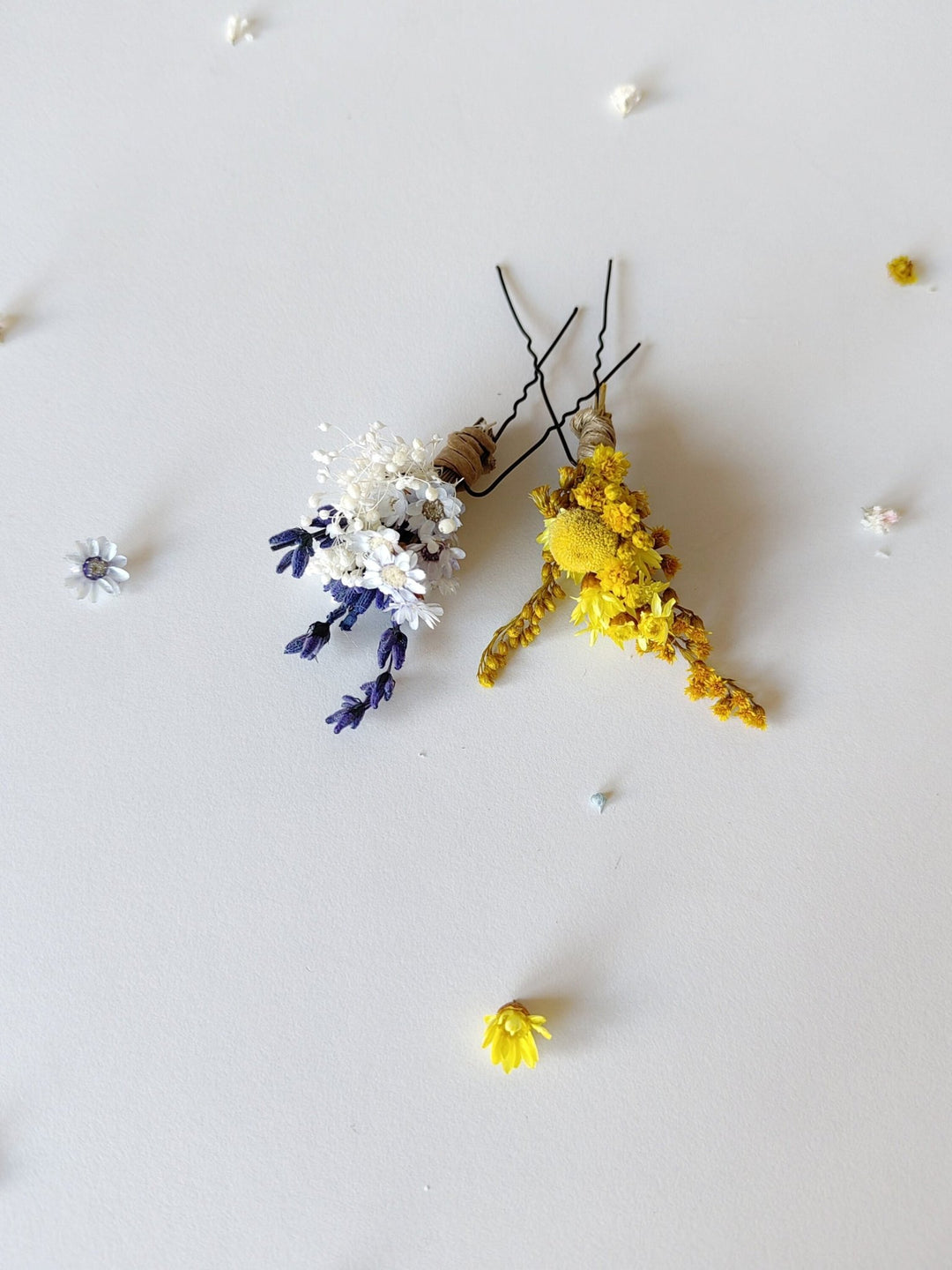 Preserved Flower Hair Pins: Lavender, Yellow & Blue, Rustic Wedding – handmade floral hair accessory by magaela