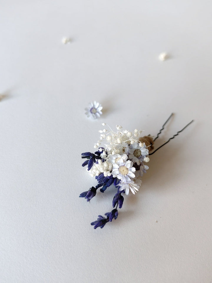 Preserved Flower Hair Pins: Lavender, Yellow & Blue, Rustic Wedding – handmade floral hair accessory by magaela