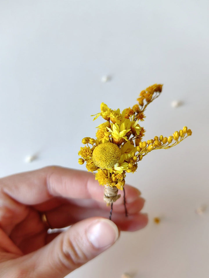 Preserved Flower Hair Pins: Lavender, Yellow & Blue, Rustic Wedding – handmade floral hair accessory by magaela