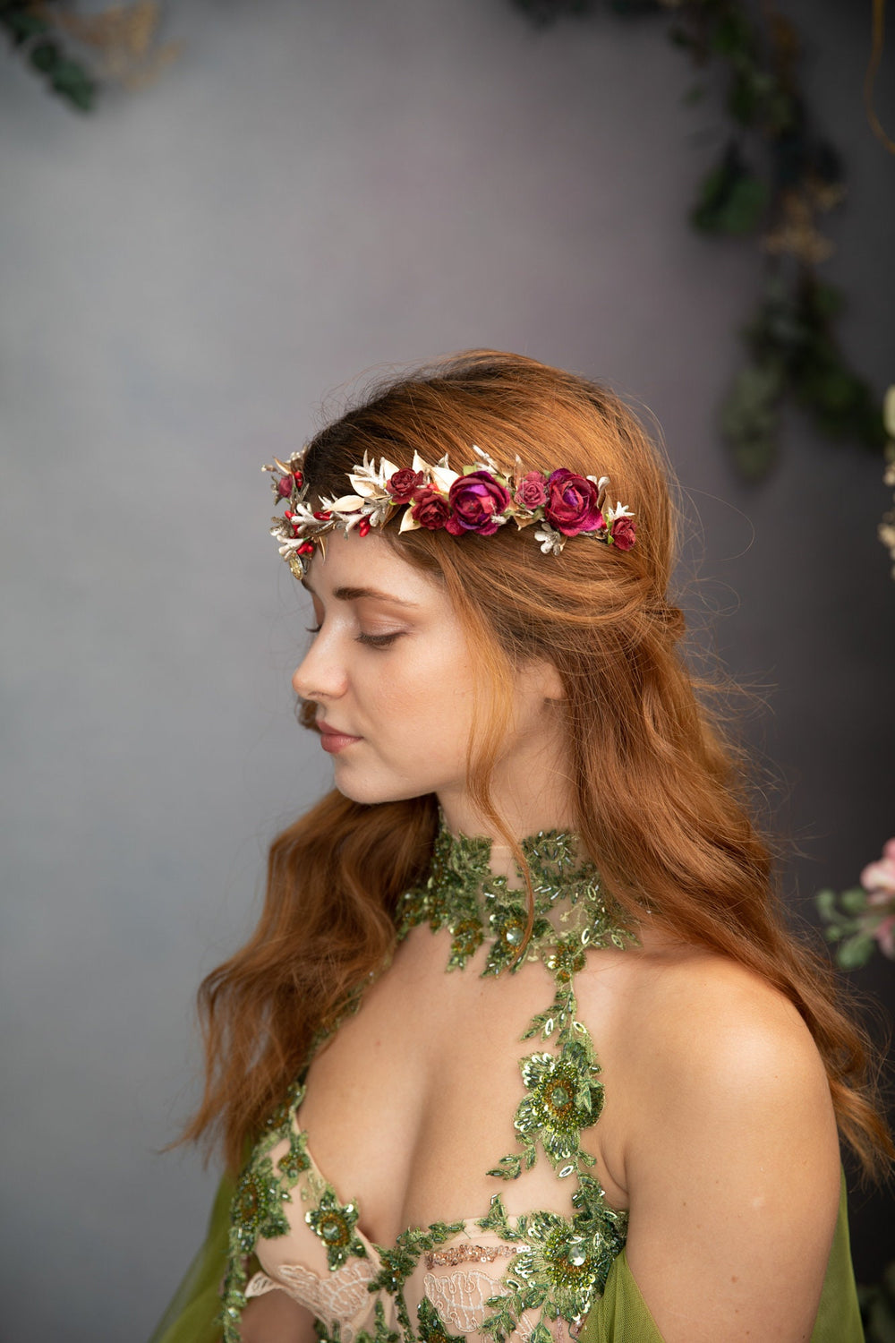 Golden Burgundy Flower Tiara: Elven Wedding Bridal Crown – handmade floral hair accessory by magaela