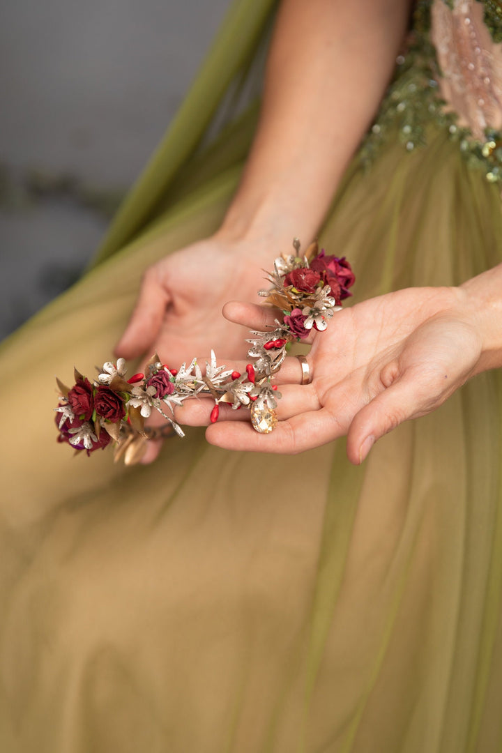 Golden Burgundy Flower Tiara: Elven Wedding Bridal Crown – handmade floral hair accessory by magaela