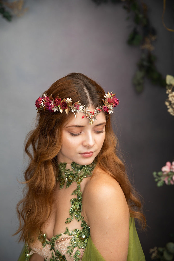 Golden Burgundy Flower Tiara: Elven Wedding Bridal Crown – handmade floral hair accessory by magaela