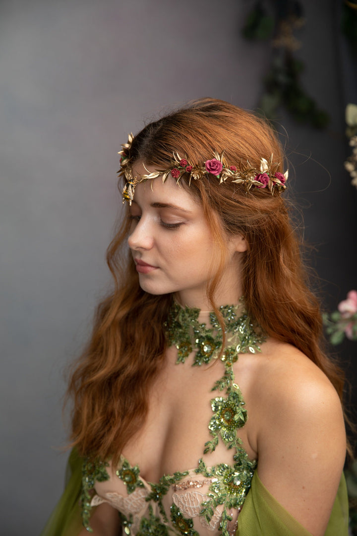Flower Elven Tiara: Golden Burgundy Fairy Crown with Bee – handmade floral hair accessory by magaela