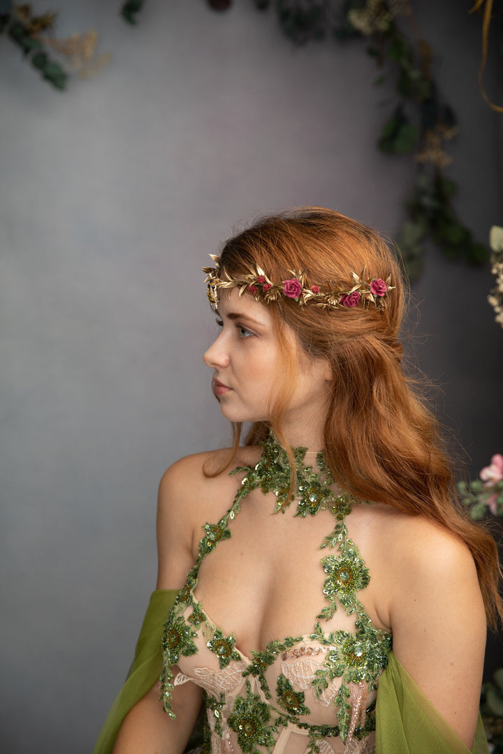 Flower Elven Tiara: Golden Burgundy Fairy Crown with Bee – handmade floral hair accessory by magaela