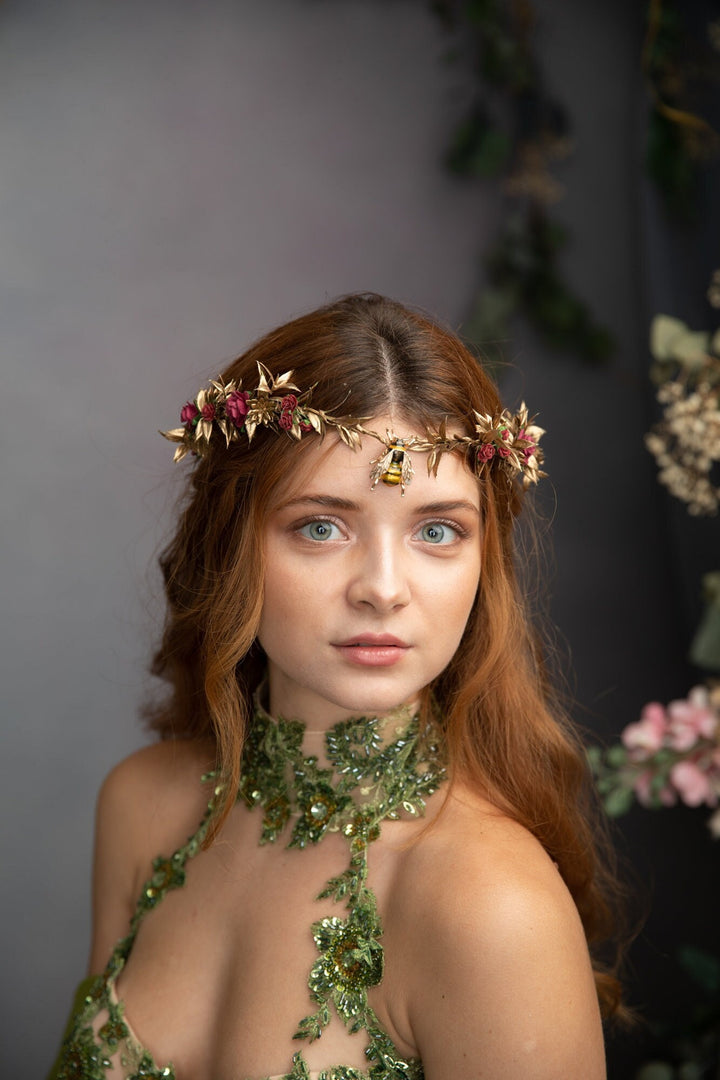 Flower Elven Tiara: Golden Burgundy Fairy Crown with Bee – handmade floral hair accessory by magaela
