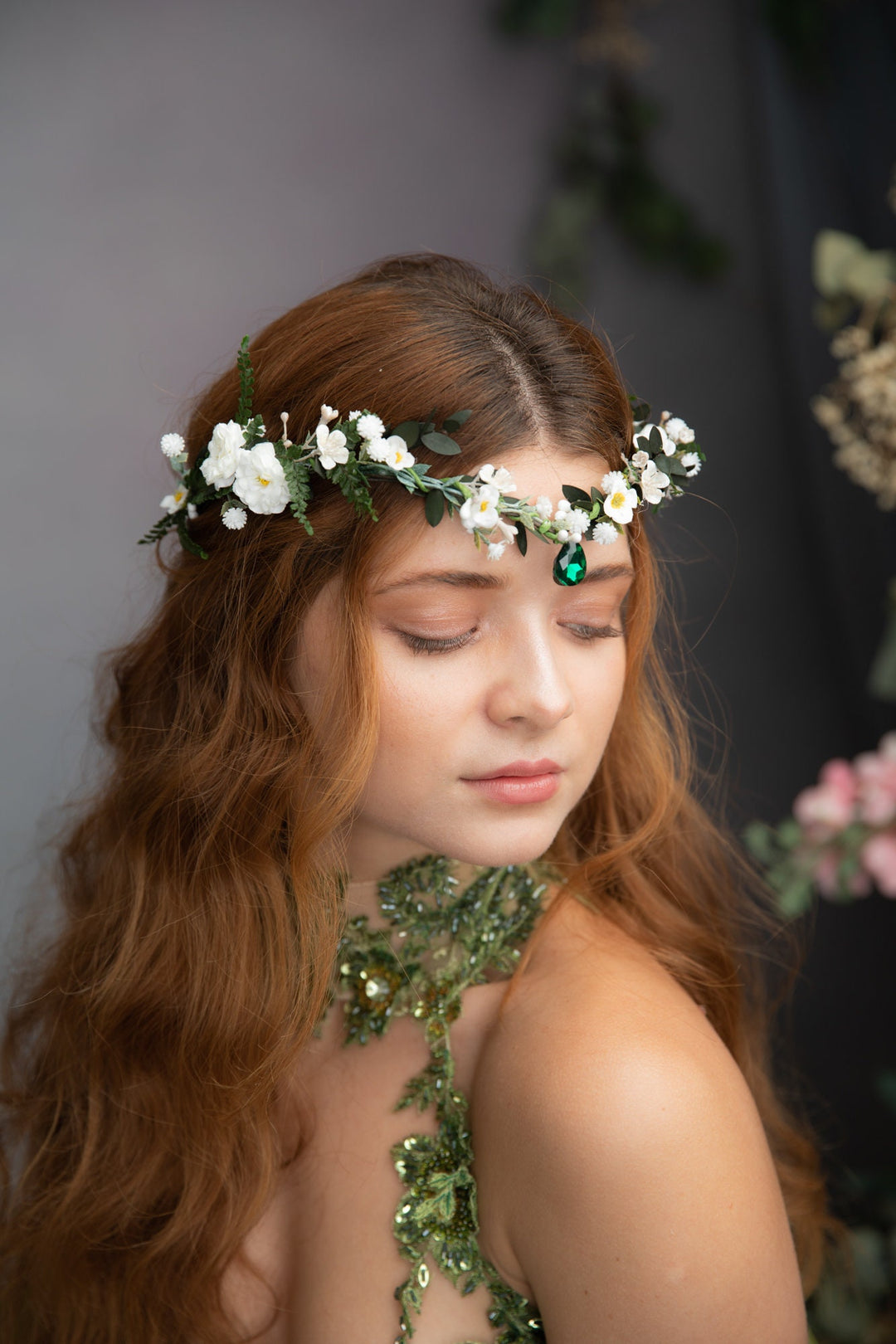 Greenery Flower Tiara: Elven Bridal Crown, Woodland Wedding – handmade floral hair accessory by magaela