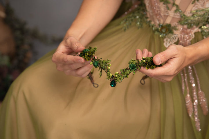 Green Flower Elf Tiara: Woodland Wedding Fairy Crown – handmade floral hair accessory by magaela