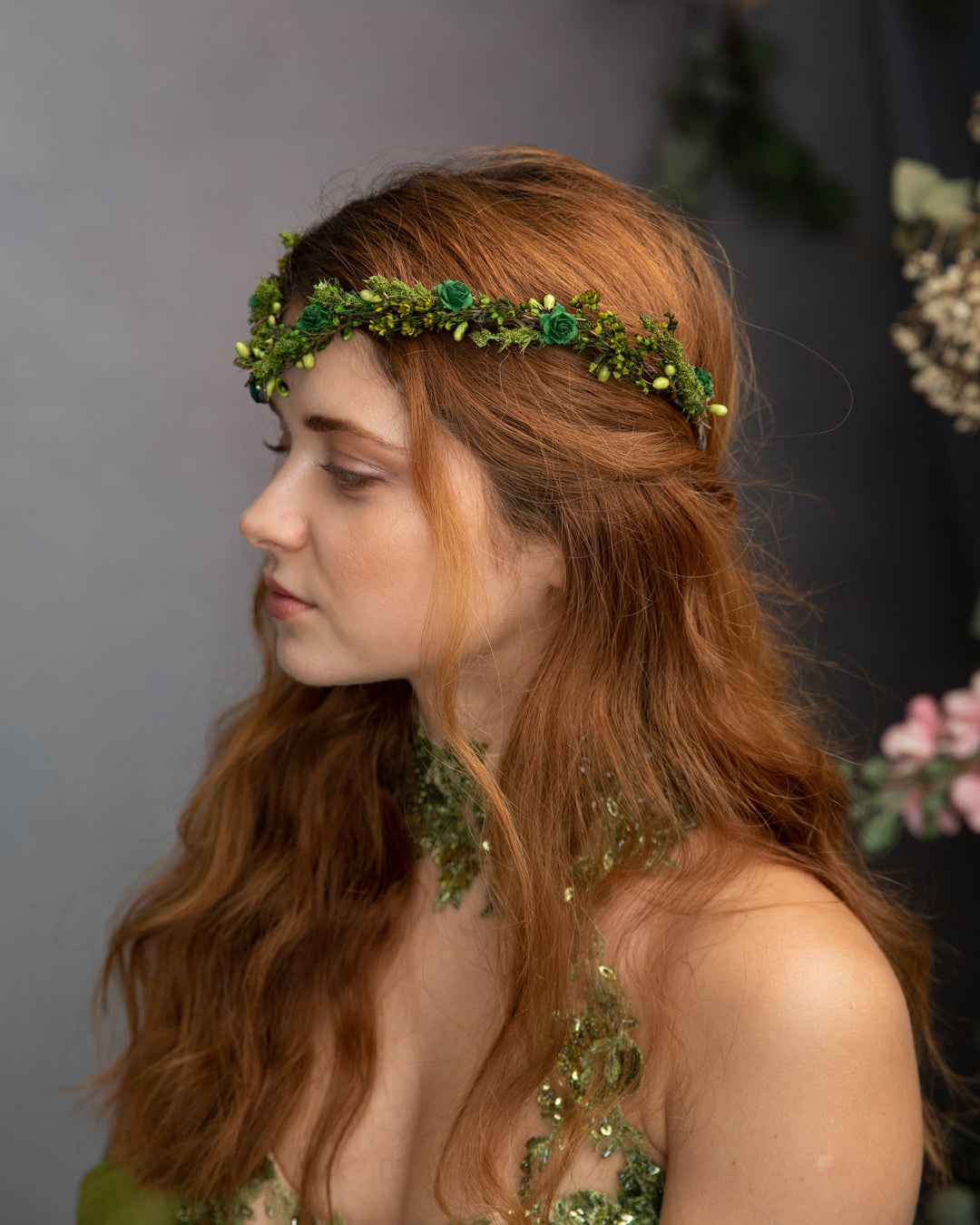 Green Flower Elf Tiara: Woodland Wedding Fairy Crown – handmade floral hair accessory by magaela