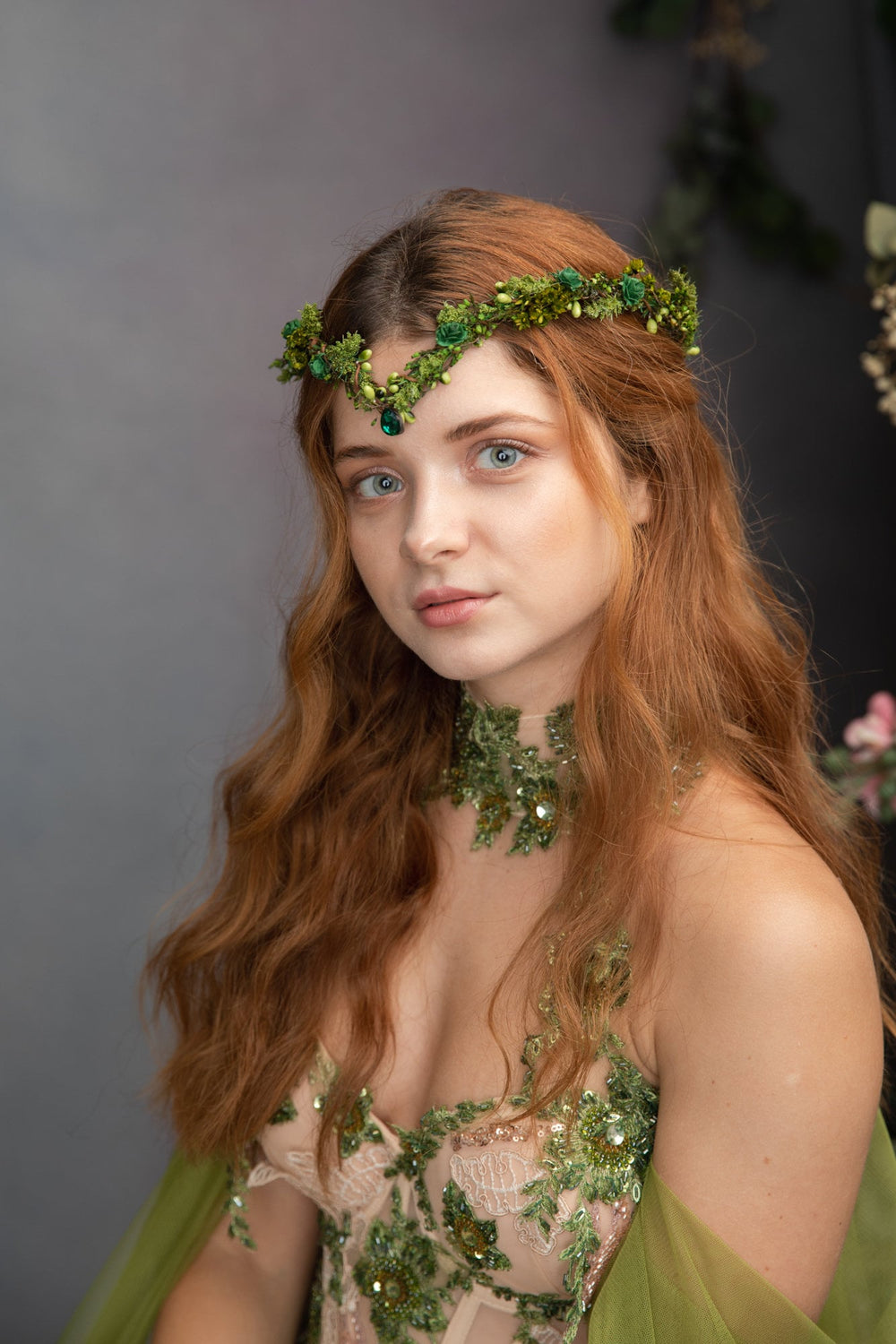 Green Flower Elf Tiara: Woodland Wedding Fairy Crown – handmade floral hair accessory by magaela