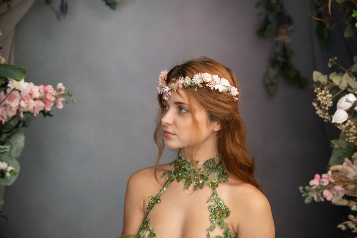 Romantic Pink Flower Elf Crown: Elven Wedding Tiara – handmade floral hair accessory by magaela