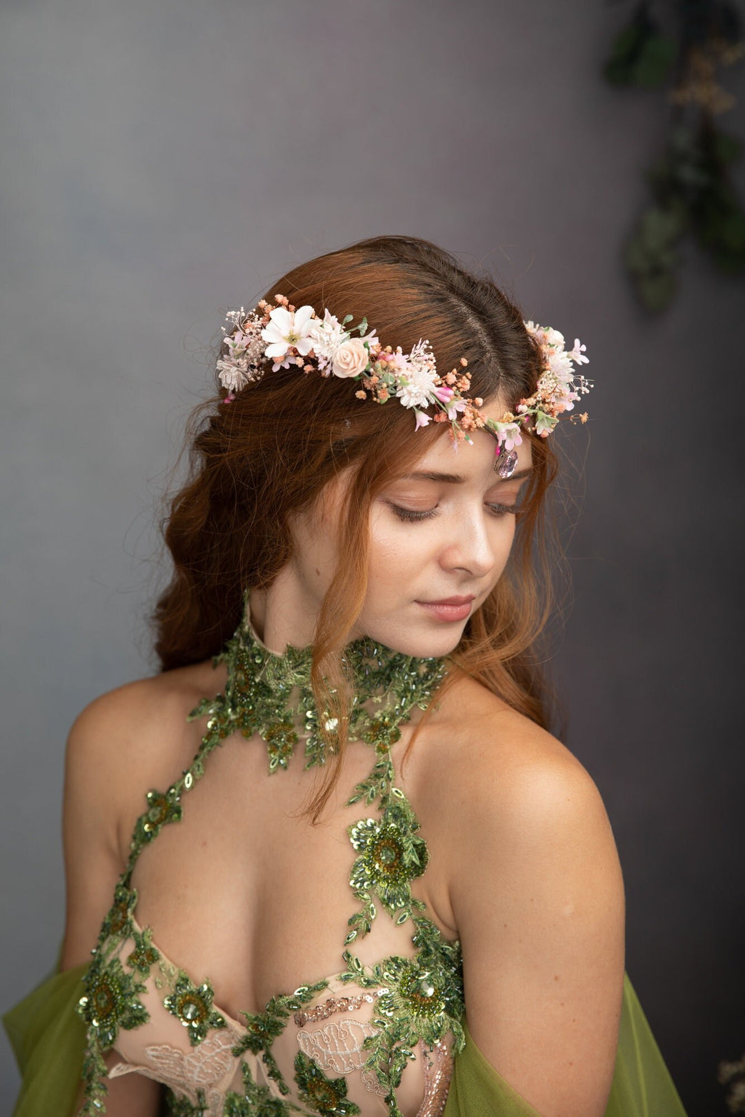 Romantic Pink Flower Elf Crown: Elven Wedding Tiara – handmade floral hair accessory by magaela
