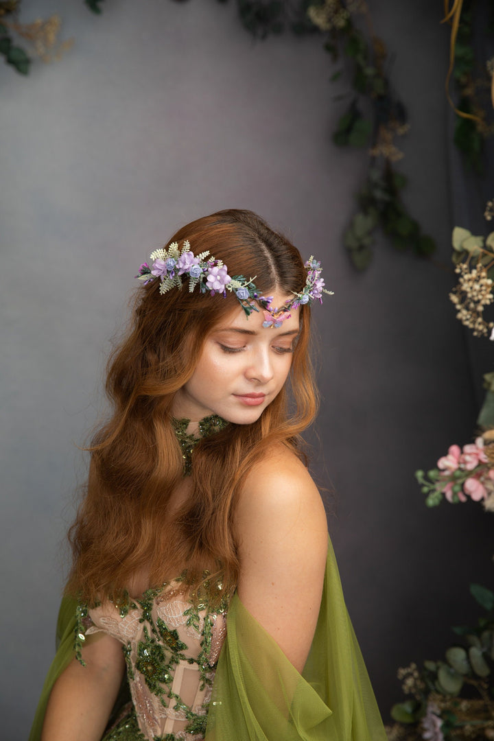 Elven Flower Tiara: Butterfly Wedding Crown, Lilac Fairy Bridal Headpiece – handmade floral hair accessory by magaela