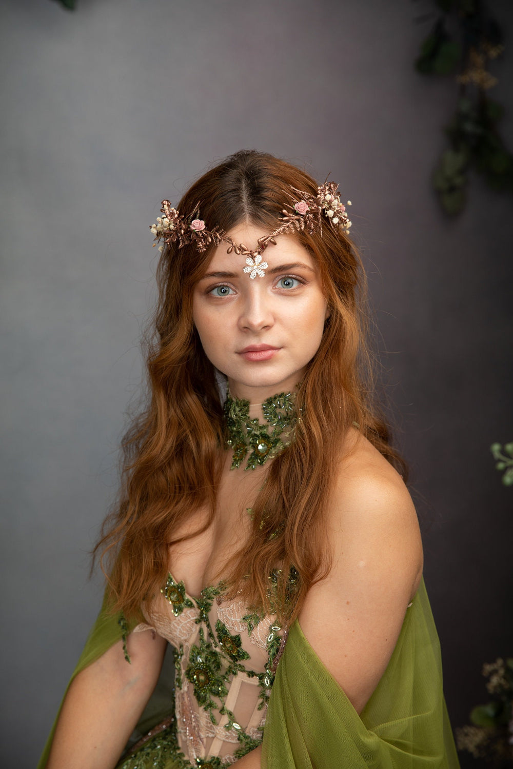 Romantic Rose Gold Flower Tiara: Elven Bridal Wedding Crown – handmade floral hair accessory by magaela